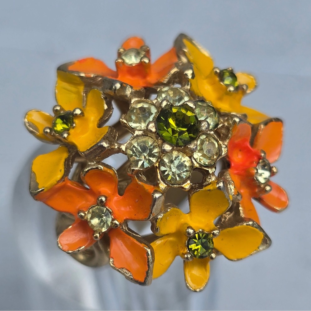 Vintage Enamel Flower Cluster Adjustable Ring Orange Yellow Green Rhinestone - Picture 3 of 10